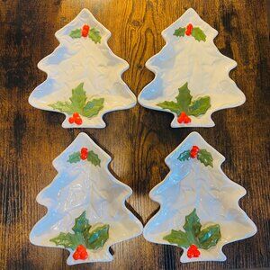 Christmas Tree Small Serving Plates-Holly-8" x 7"-Ceramic/Pottery-Holidays-Snack